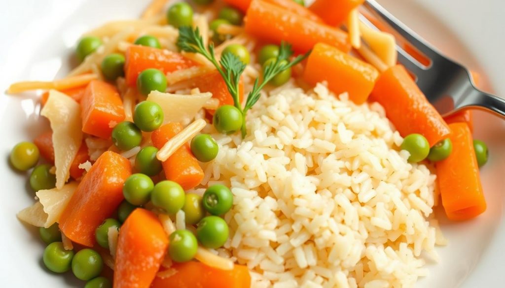 Déguster Petit Pois Carottes avec Riz et Pâtes