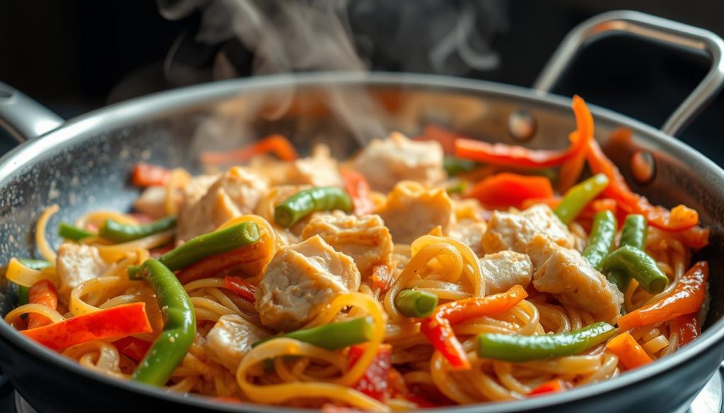 nouilles sautées légumes et poulet