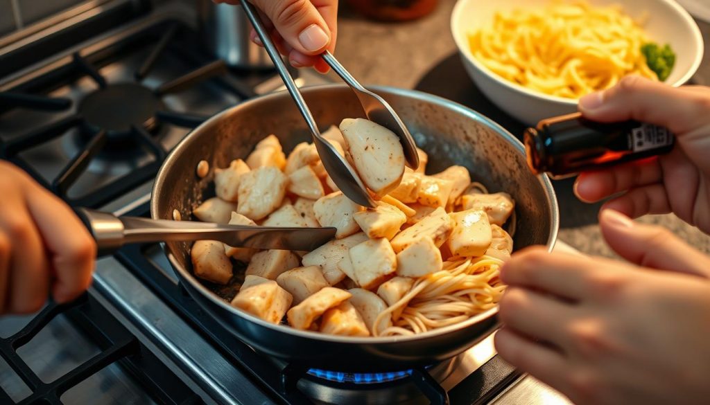 préparation nouilles sautées au poulet