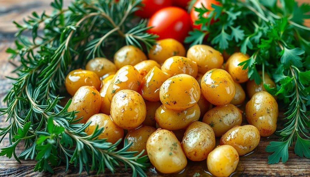 Assaisonnement pommes de terre avec herbes fraîches et huile d'olive