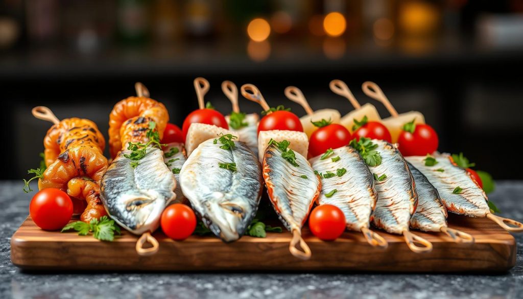 Brochettes de poisson et fruits de mer pour apéro dinatoire