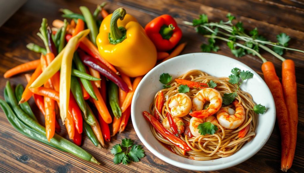 Légumes croquants dans une recette de nouilles