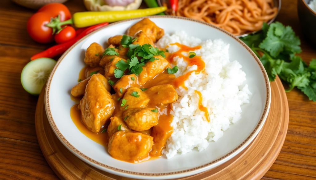 Poulet beurre de cacahuète avec riz et nouilles