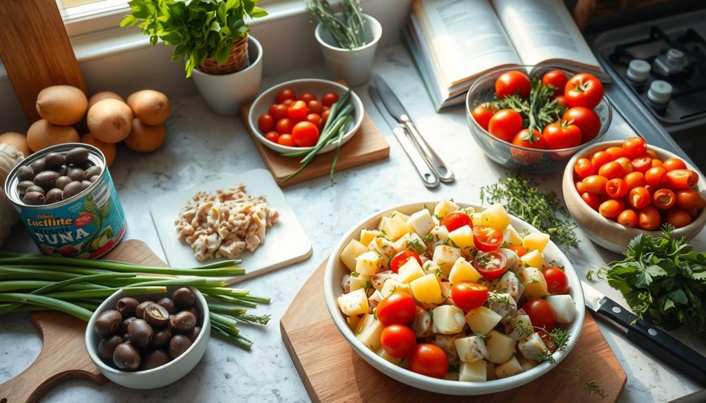 Préparation de salade de pomme de terre thon