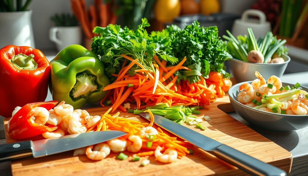 Préparation des légumes pour les nouilles sautées aux crevettes