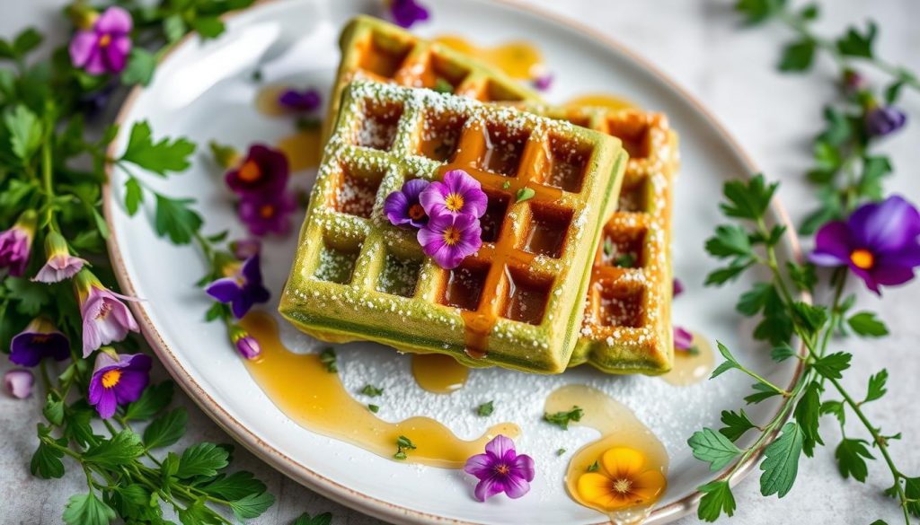 Verdure en assiette avec gaufres au thé matcha