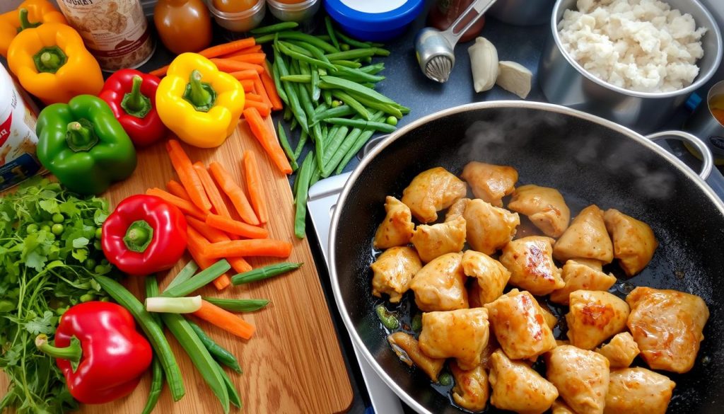 préparation légumes et cuisson viande pour riz cantonais