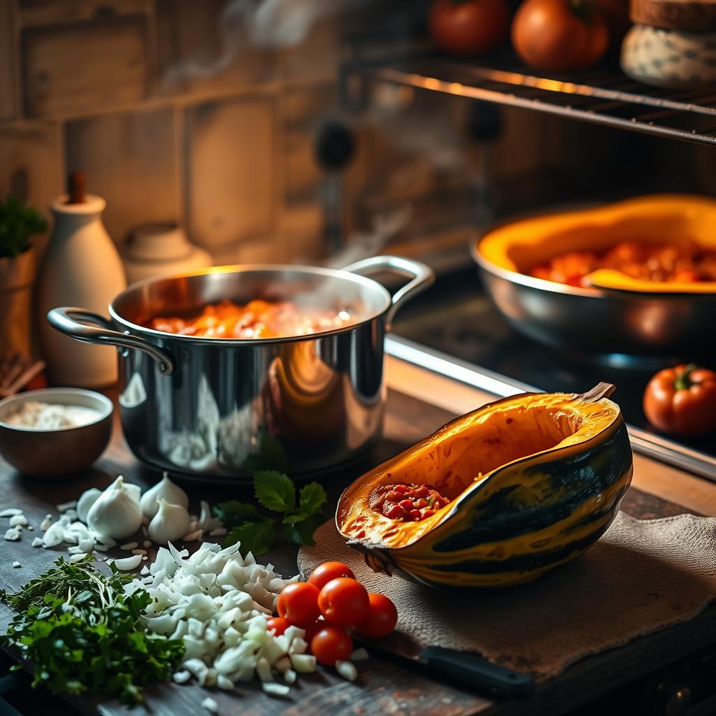 préparation sauce bolognaise et cuire courge spaghetti