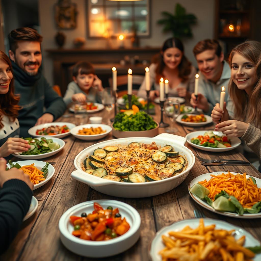 repas en famille avec gratin de courgettes