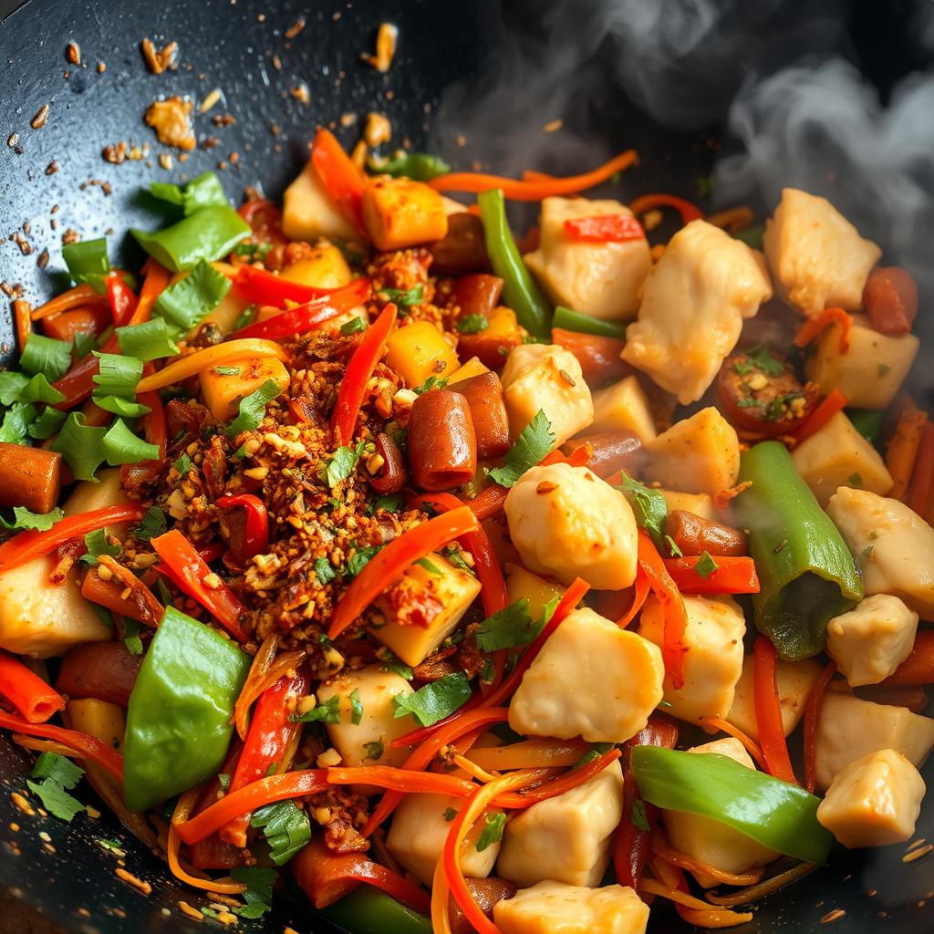 Aromates asiatiques dans un wok