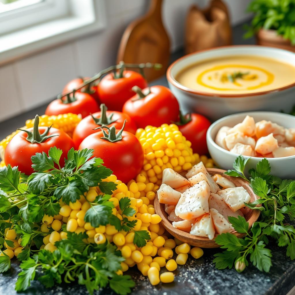 Ingrédients pour le Velouté Crabe-Maïs-Tomates