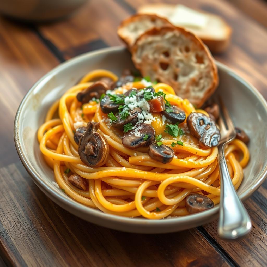 Pâtes Crémeuses à la Butternut, Champignons et Noix