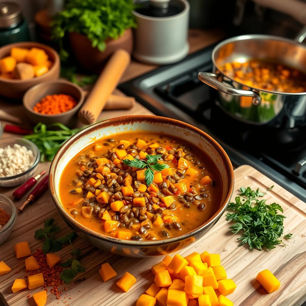 Préparation d'une recette de dahl de lentilles à la butternut