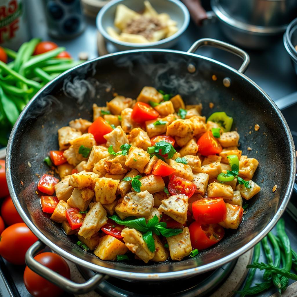 Recette Wok Tomaté aux Dés de Poulet