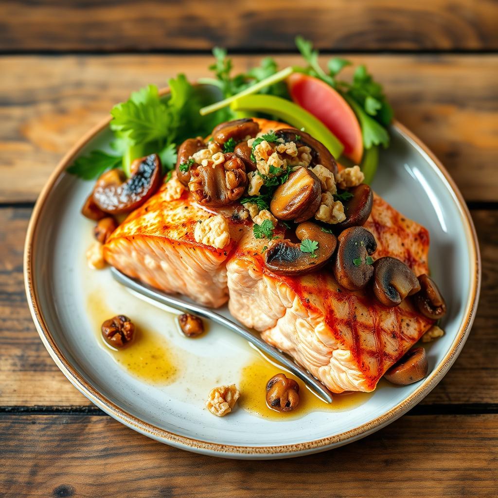 Saumon grillé aux champignons, à la noix et aux herbes