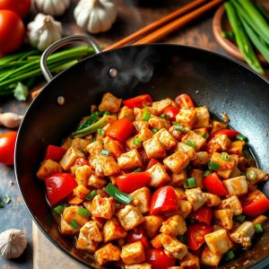 Wok Tomaté aux Dés de Poulet