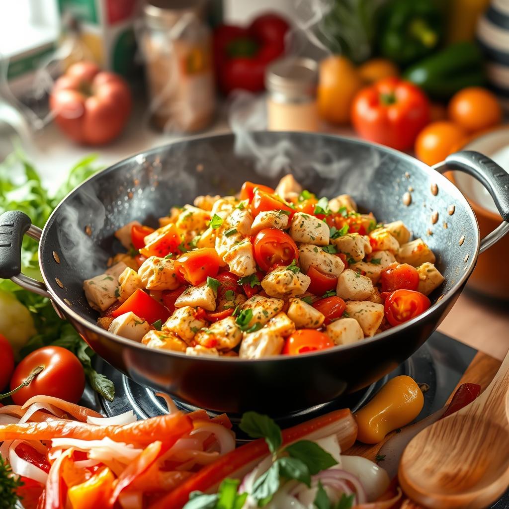 Wok avec dés de poulet et tomates