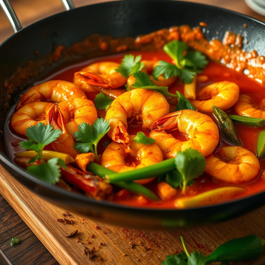 Wok de Gambas au Curry Rouge