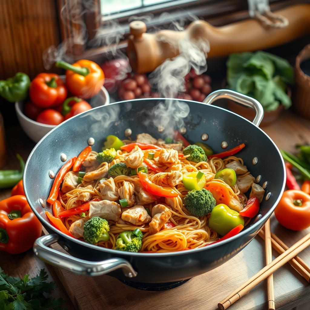 Wok de Nouilles au Poulet et Légumes