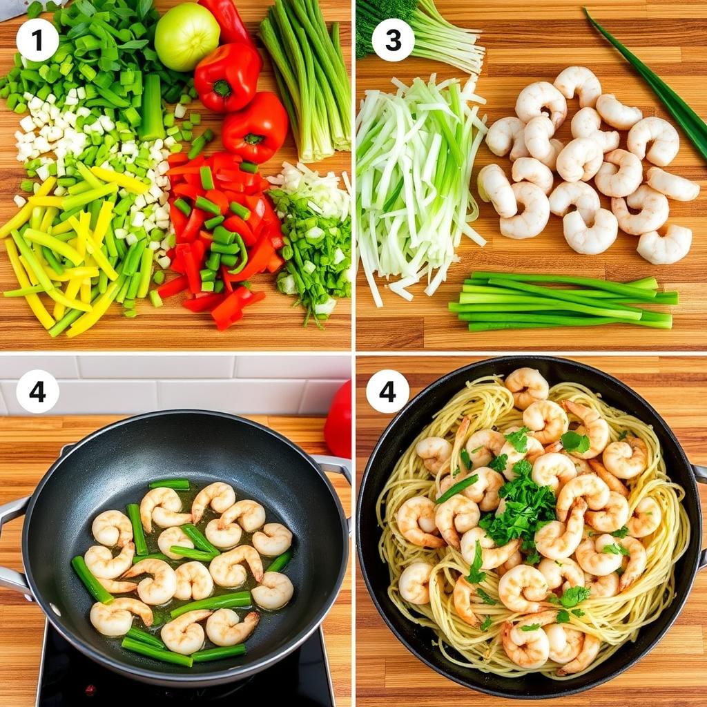 étapes de préparation blé sauté aux crevettes