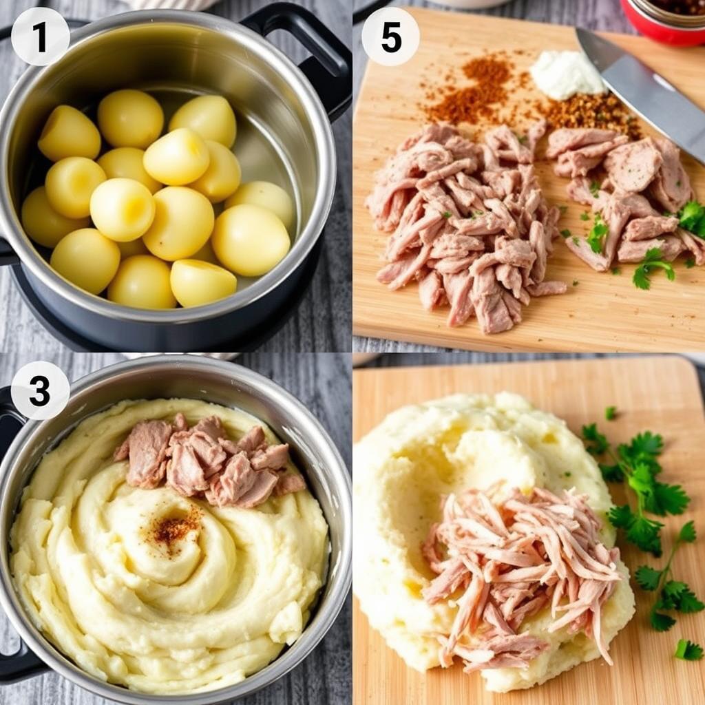 étapes de préparation de la purée de pommes de terre et de la viande de canard