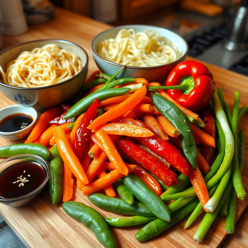 ingrédients pour nouilles chinoises sautées aux légumes