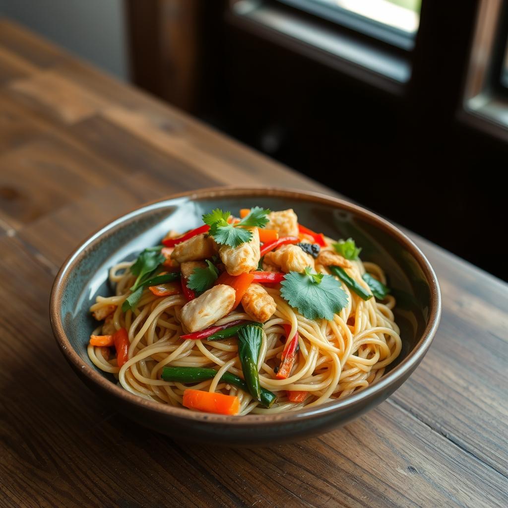 présentation de plat wok de nouilles au poulet