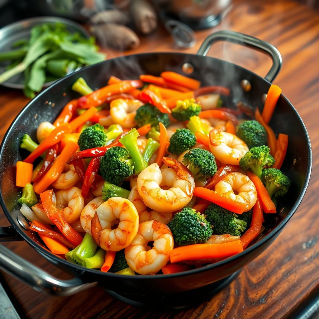 recette détaillée des crevettes et légumes au wok