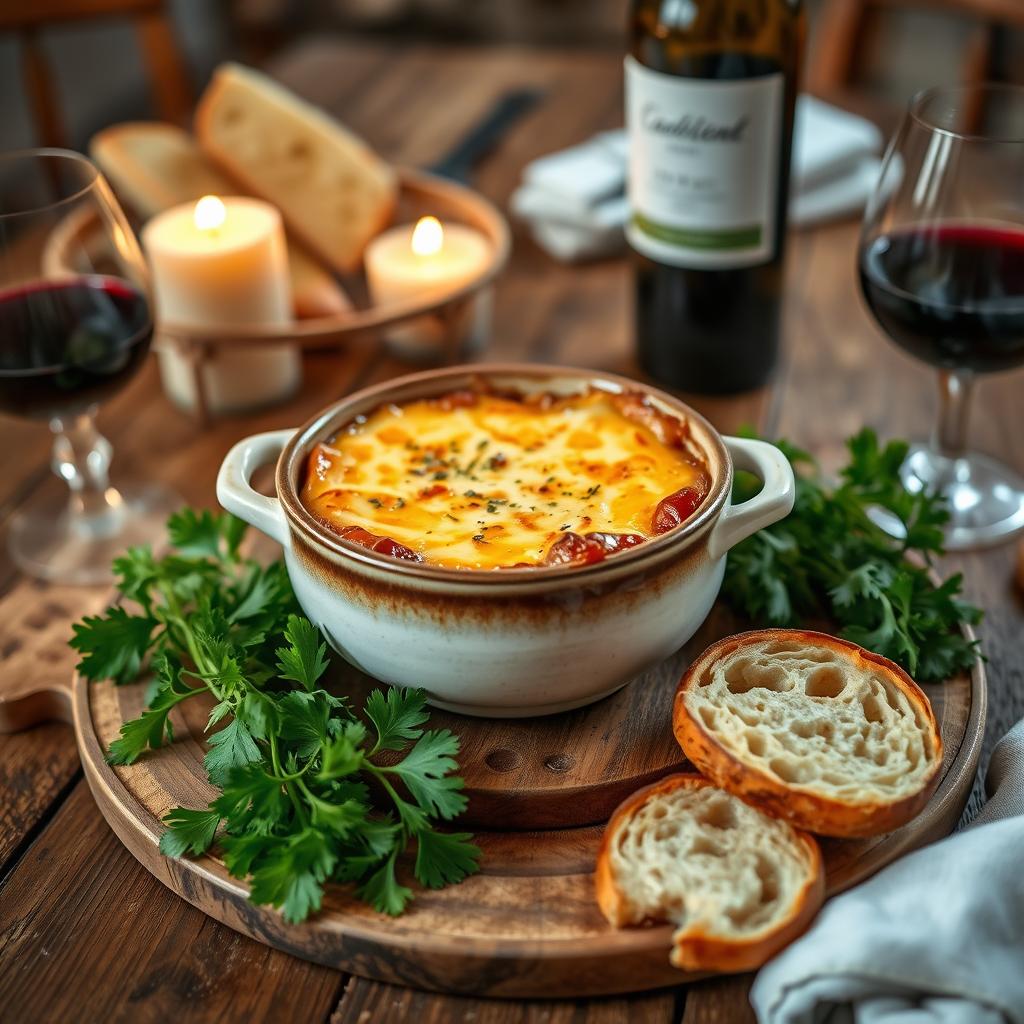 service pour déguster la soupe à l'oignon gratinée