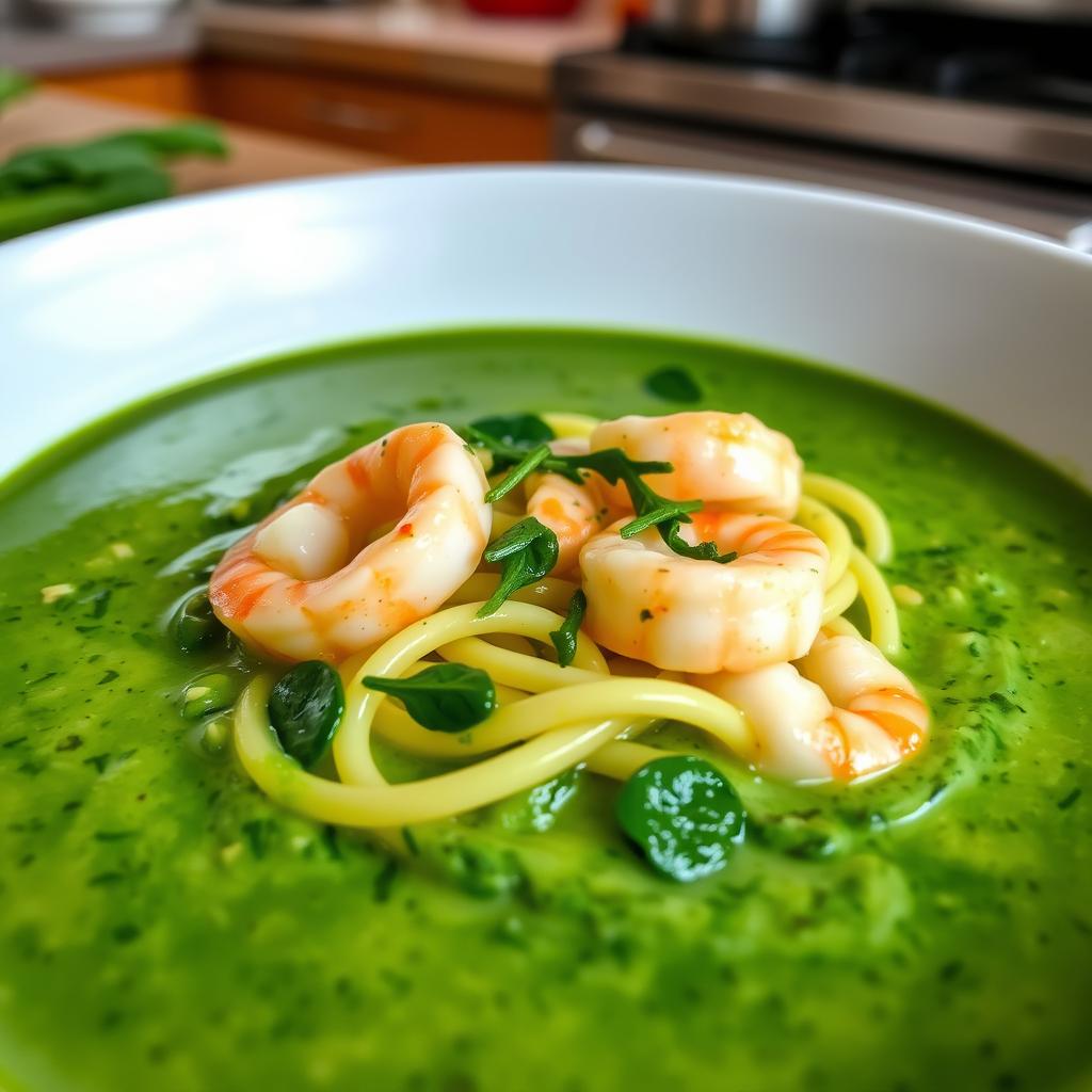 variantes velouté de tagliatelles épinards crevettes