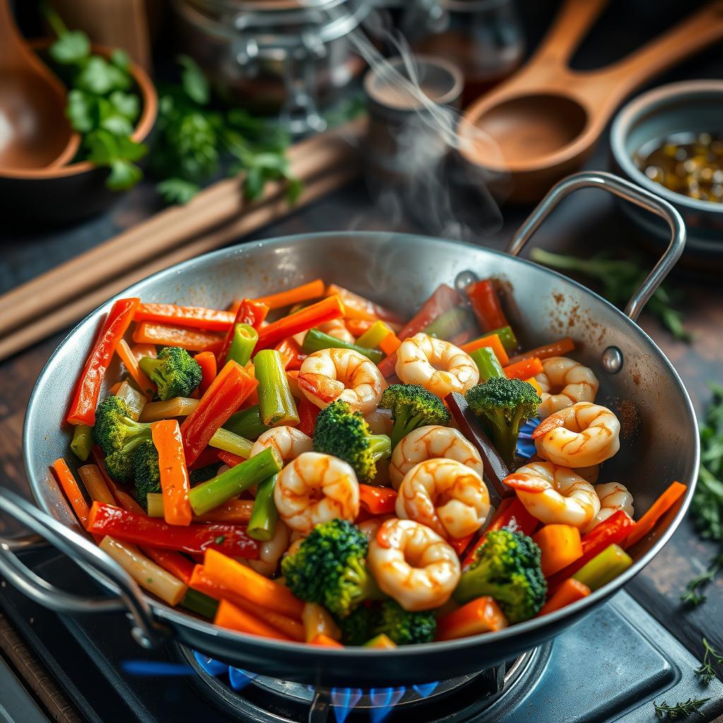 wok de légumes et crevettes