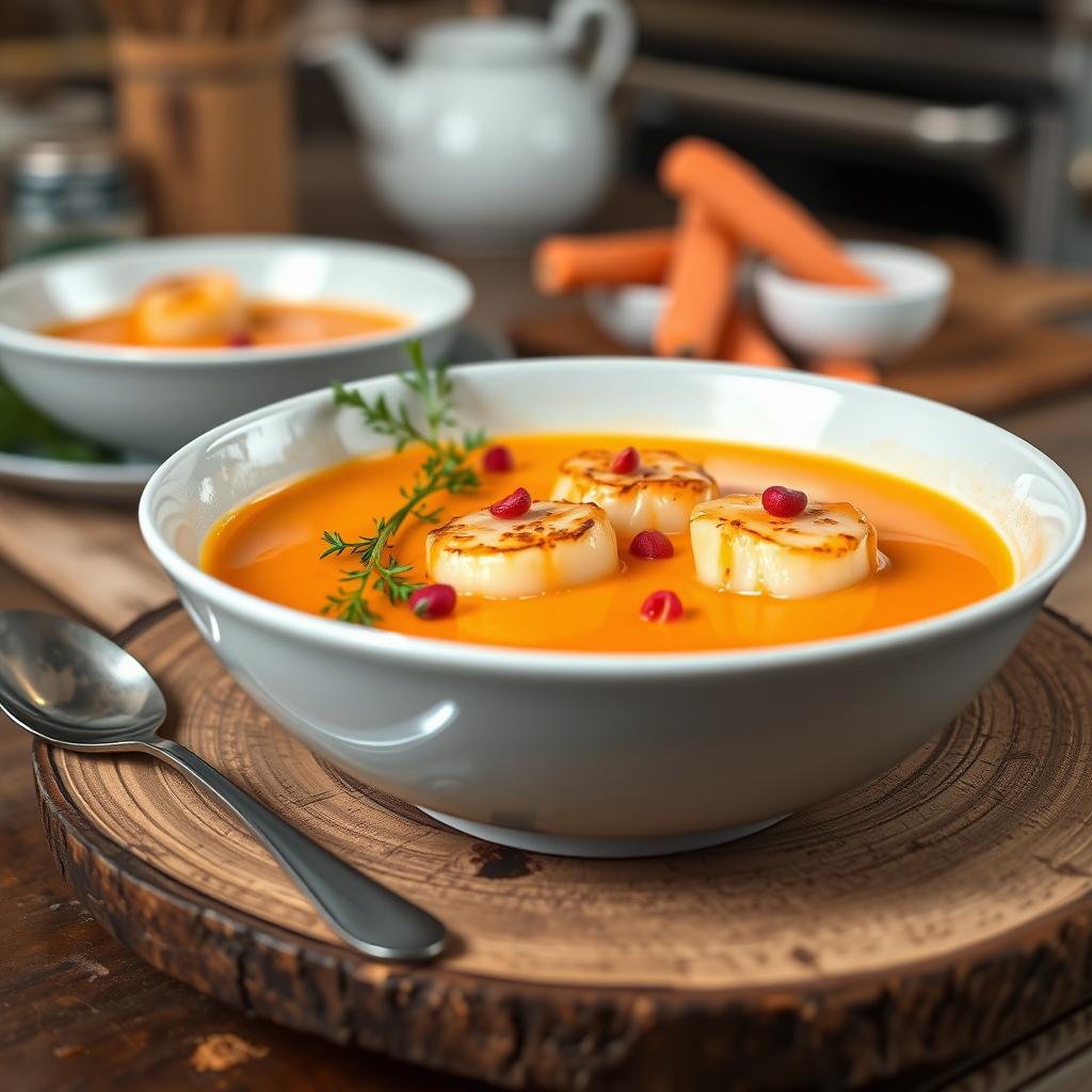 Velouté de Carottes aux Baies Roses et Saint-Jacques