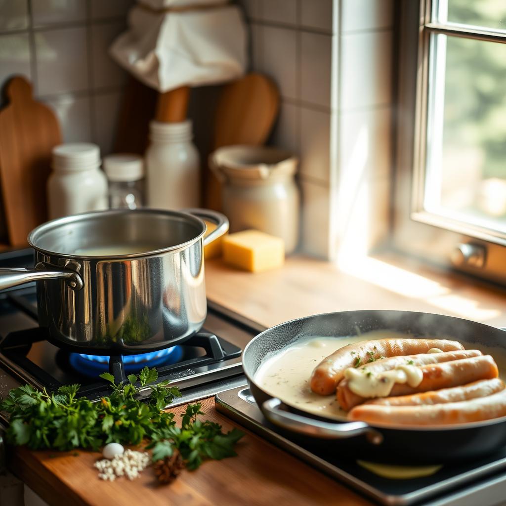 préparation recette béchamel maison et cuisson saucisses