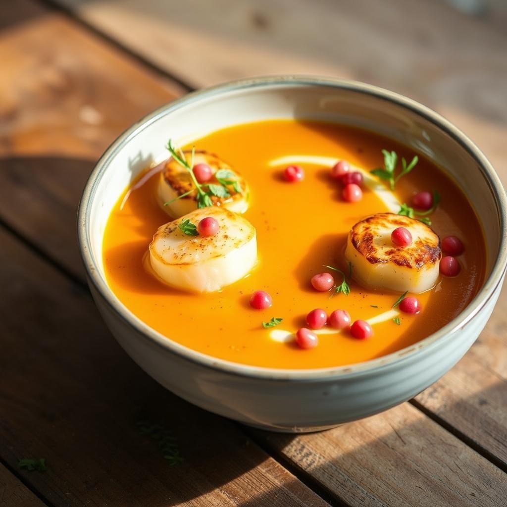 recette détaillée velouté de carottes aux baies roses et Saint-Jacques